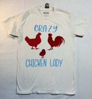Gildan Crazy Chicken Lady T-Shirt White Graphic Tee Farm Hen Rooster Adult S